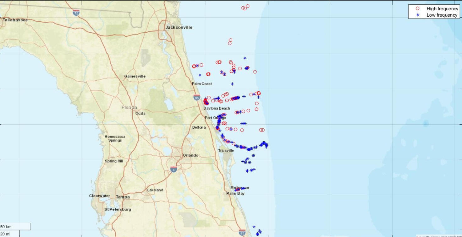 Map of whale distribution along Florida’s Atlantic coast